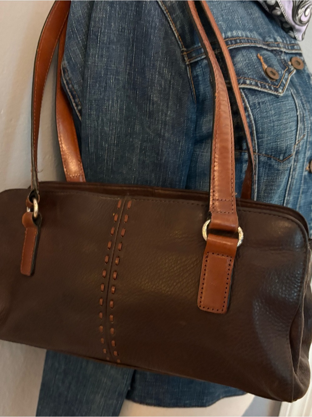 Fossil Brown Leather Shoulder Bag with Tan Straps